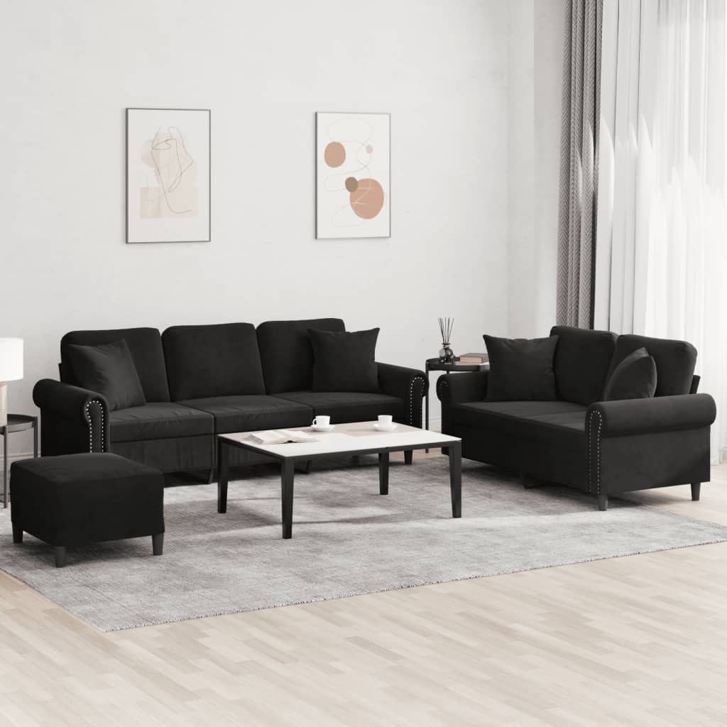 Ensemble de canapés 3 pcs avec coussins noir velours - XIOS