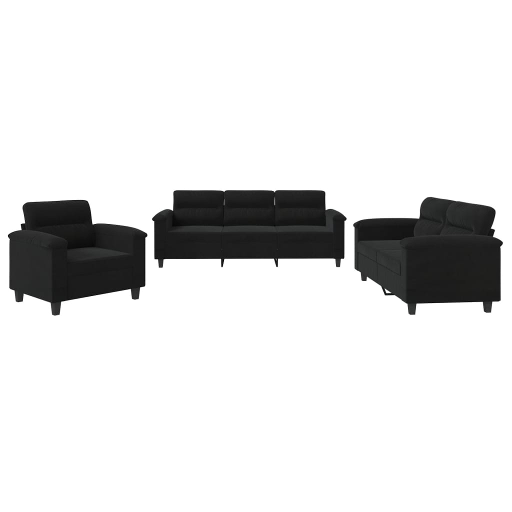 Ensemble de canapés 3 pcs avec coussins noir tissu microfibre