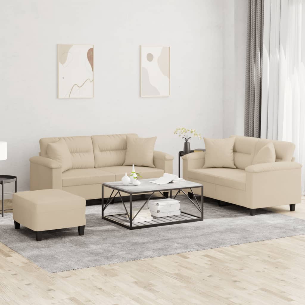 Ensemble de canapés 3 pcs avec coussins Crème Tissu microfibre Canapés vidaXL