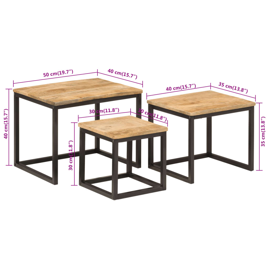 Tables basses gigognes 3 pcs bois massif de manguier et fer - XIOS