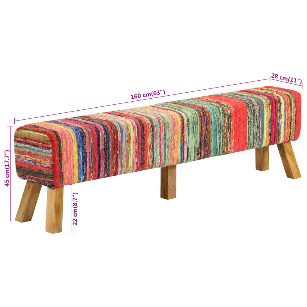 Banc multicolore 160 cm tissu chindi et bois de manguier massif - XIOS