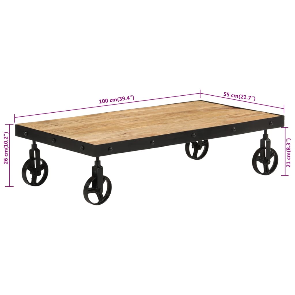 Table basse avec roulettes bois de manguier massif 100x55x26 cm