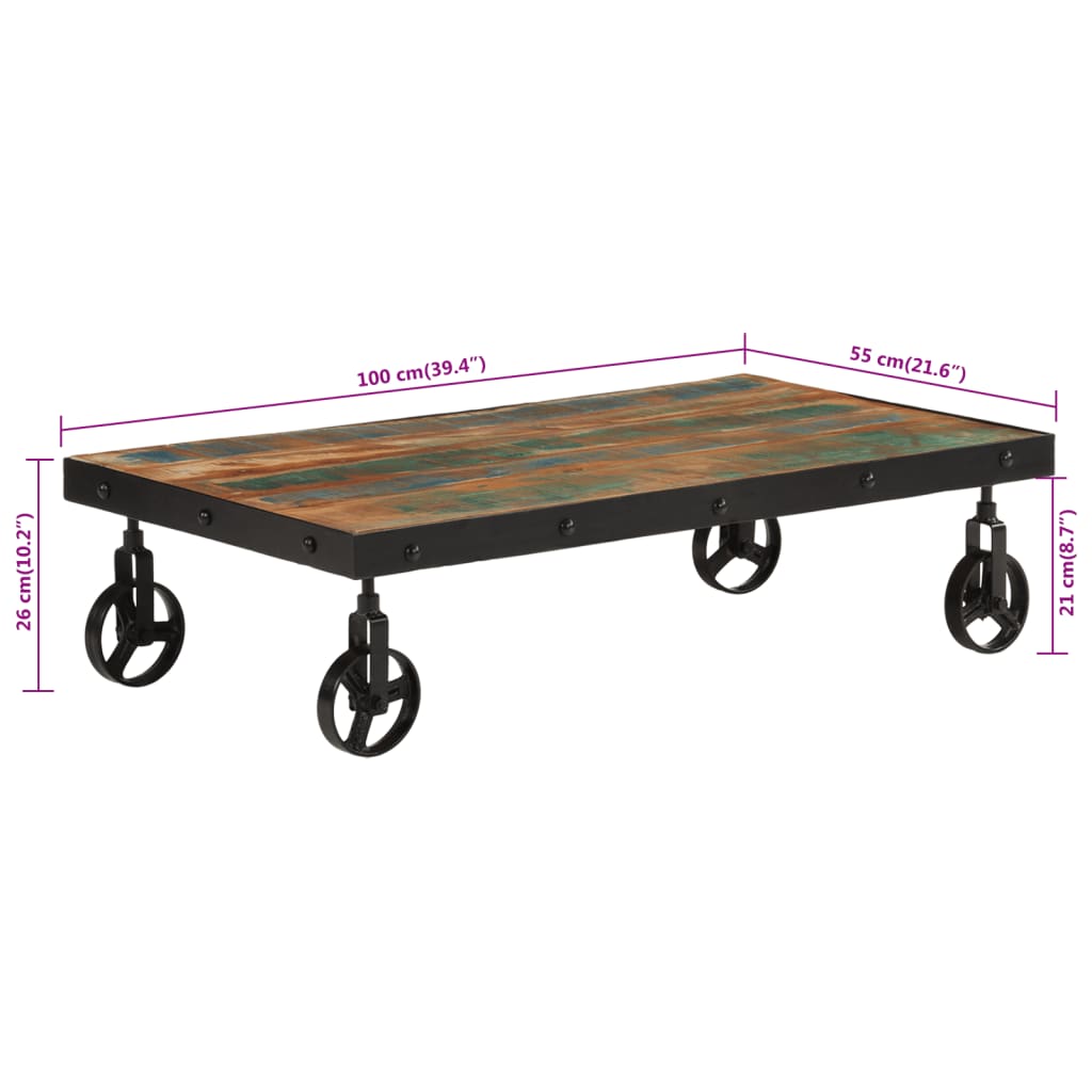 Table basse roulettes bois de récupération massif 100x55x26 cm