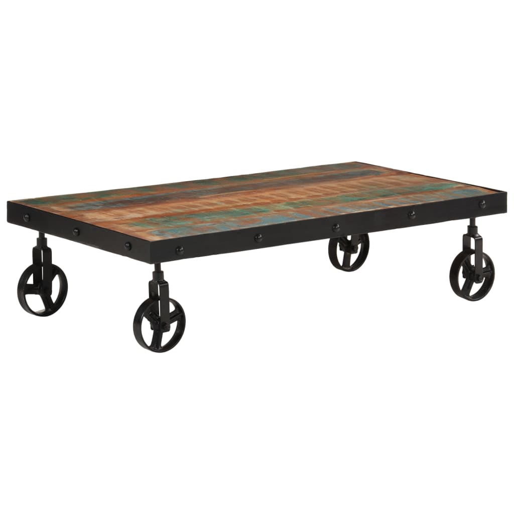 Table basse roulettes bois de récupération massif 100x55x26 cm