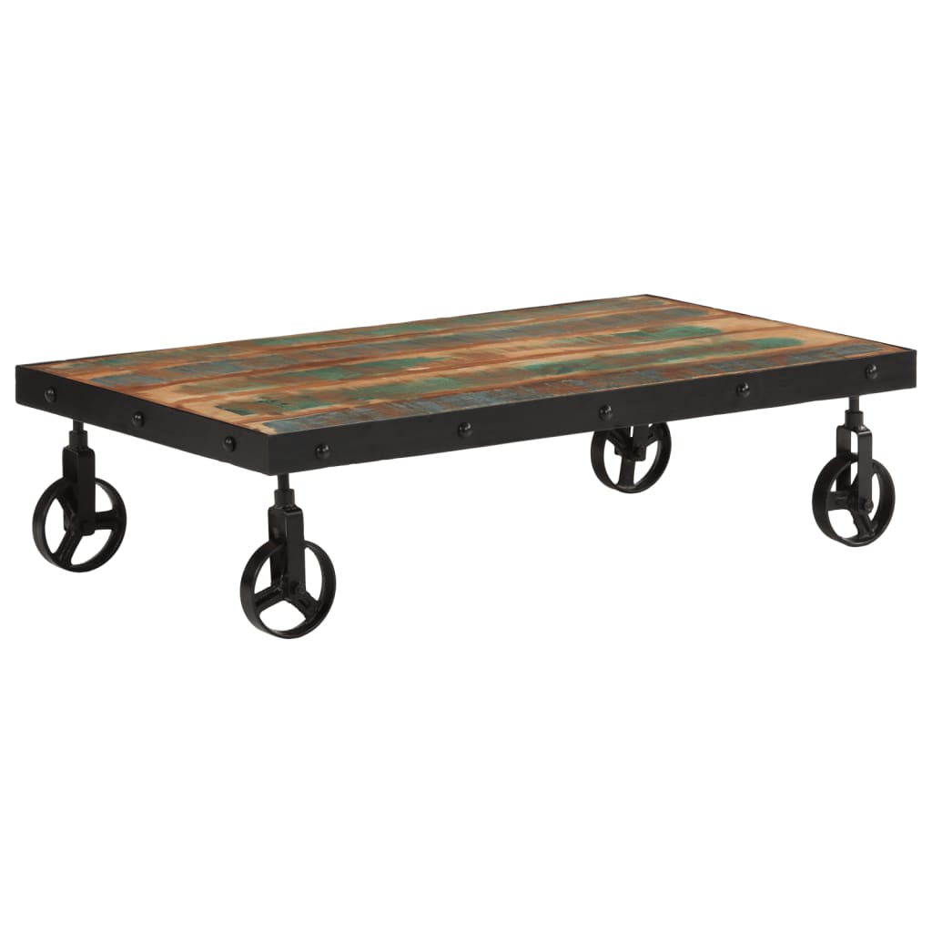 Table basse roulettes bois de récupération massif 100x55x26 cm
