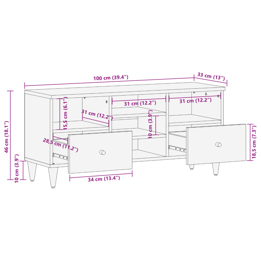 Meuble TV 100x33x46 cm bois massif de manguier Meubles TV vidaXL