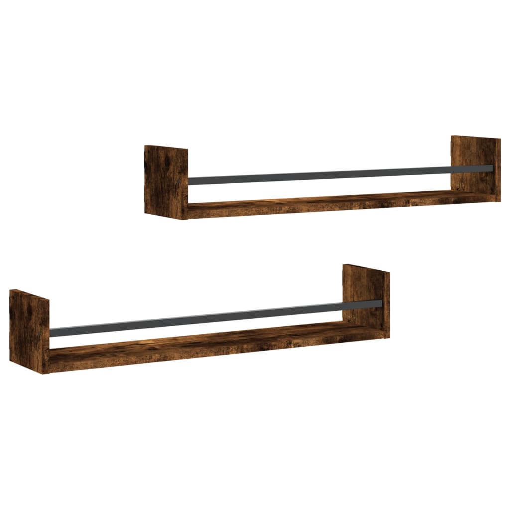 Étagères murales avec barres 2 pcs chêne fumé 80x16x14 cm Étagères murales & corniches vidaXL