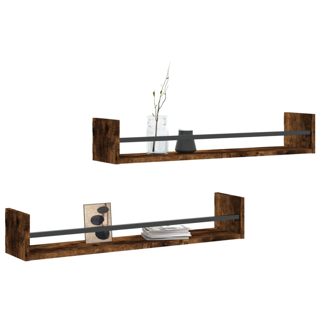 Étagères murales avec barres 2 pcs chêne fumé 80x16x14 cm Étagères murales & corniches vidaXL