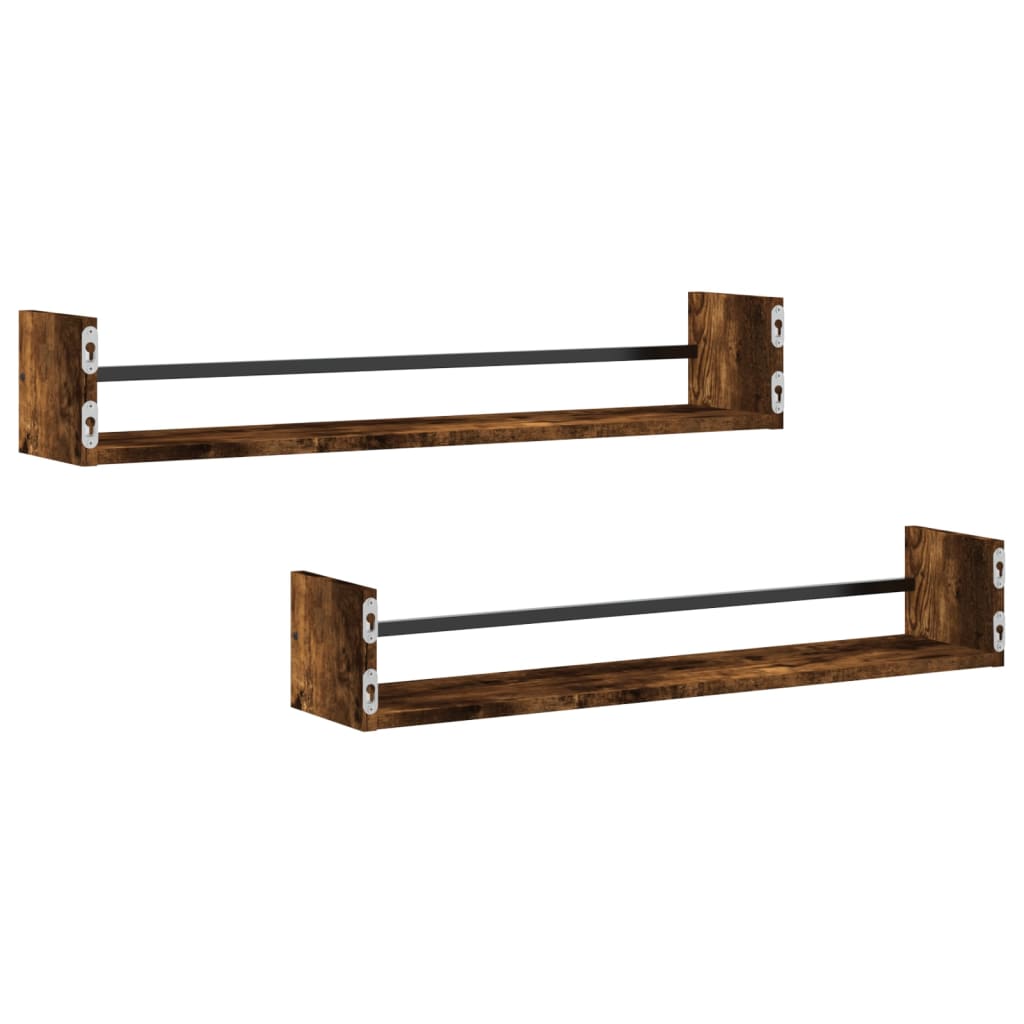 Étagères murales avec barres 2 pcs chêne fumé 80x16x14 cm Étagères murales & corniches vidaXL