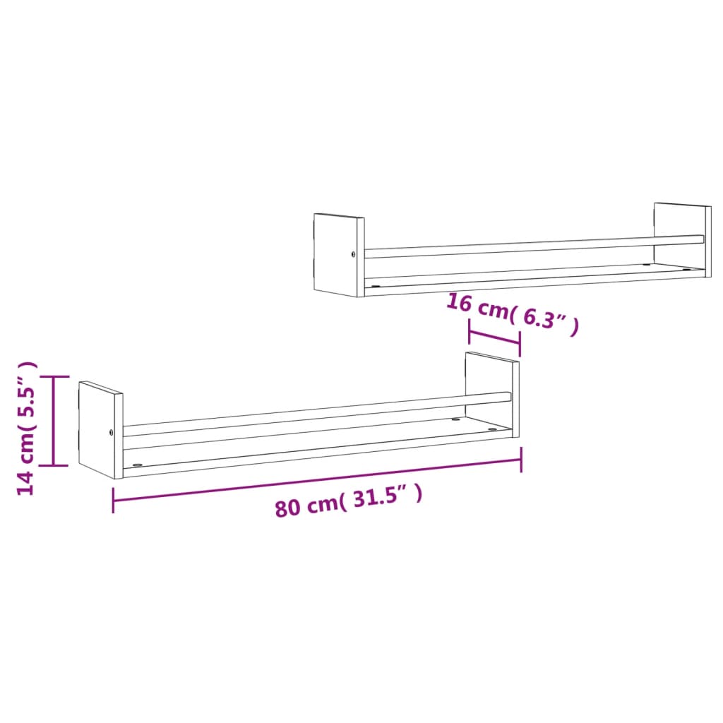 Étagères murales avec barres 2 pcs chêne fumé 80x16x14 cm Étagères murales & corniches vidaXL