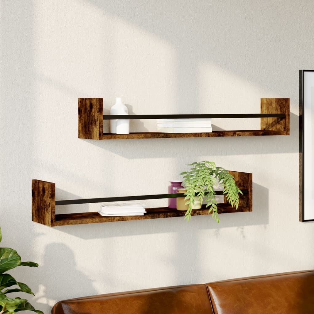 Étagères murales avec barres 2 pcs chêne fumé 80x16x14 cm Étagères murales & corniches vidaXL