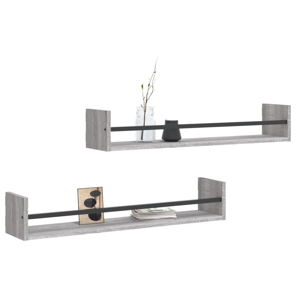 Étagères murales avec barres 2 pcs sonoma gris 80x16x14 cm Étagères murales & corniches vidaXL