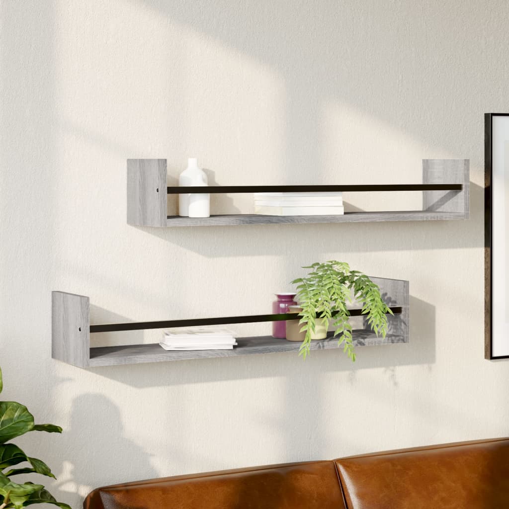 Étagères murales avec barres 2 pcs sonoma gris 80x16x14 cm Étagères murales & corniches vidaXL