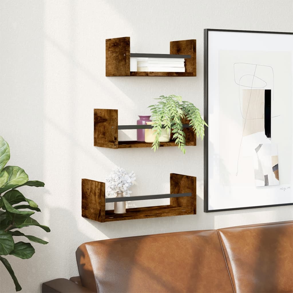 Ensemble d'étagères murales avec barres 3 pcs chêne fumé - XIOS
