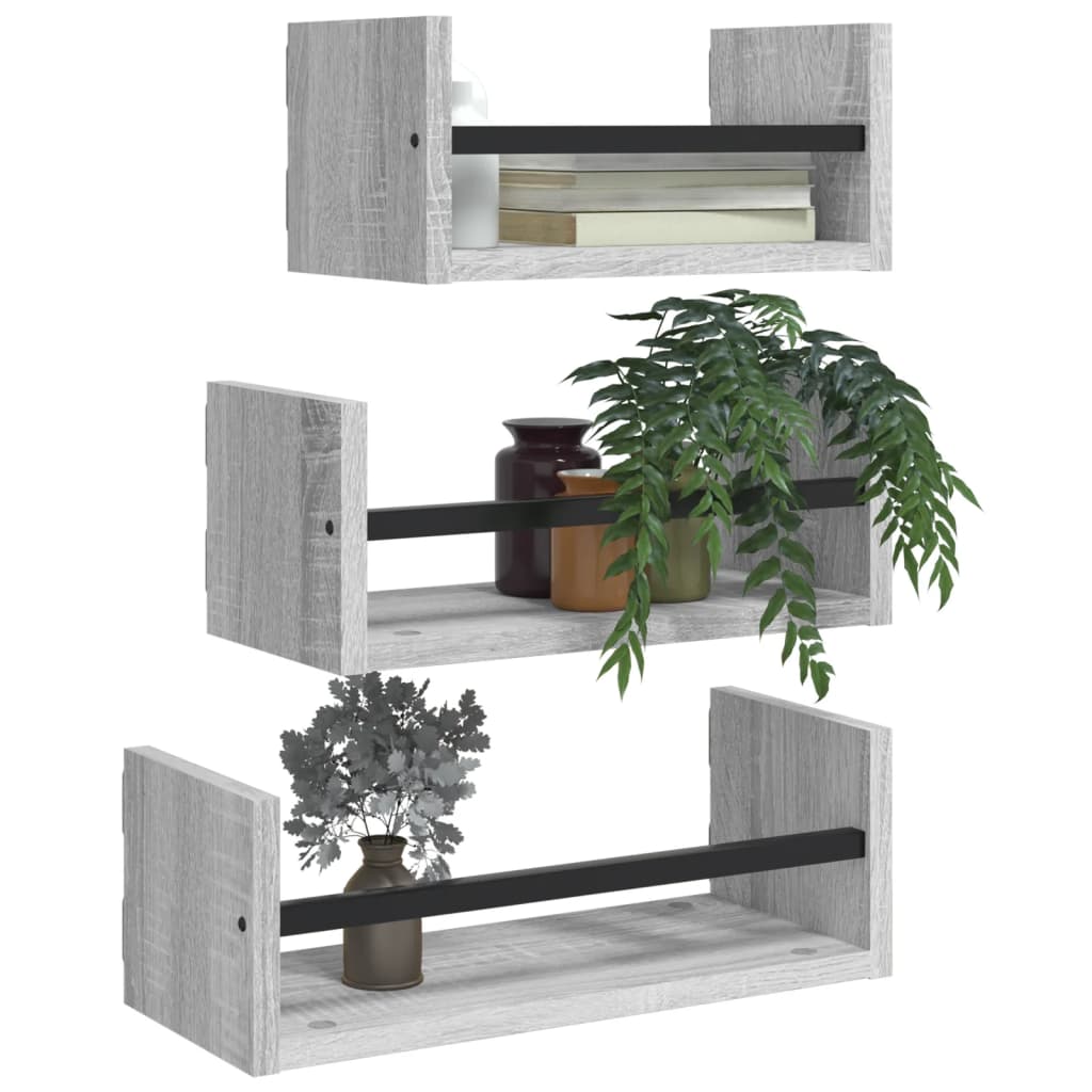 Ensemble d'étagères murales avec barres 3 pcs sonoma gris - XIOS