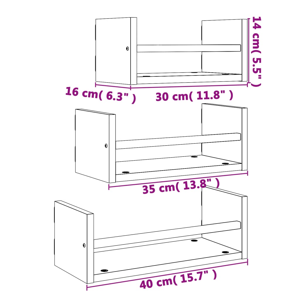 Ensemble d'étagères murales avec barres 3 pcs sonoma gris - XIOS
