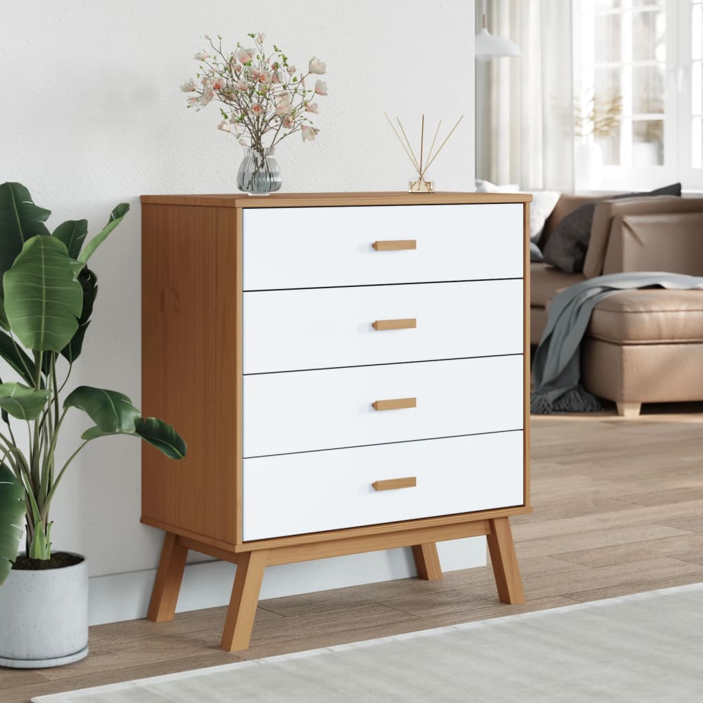 Armoire à tiroirs OLDEN blanc et marron bois de pin solide - XIOS