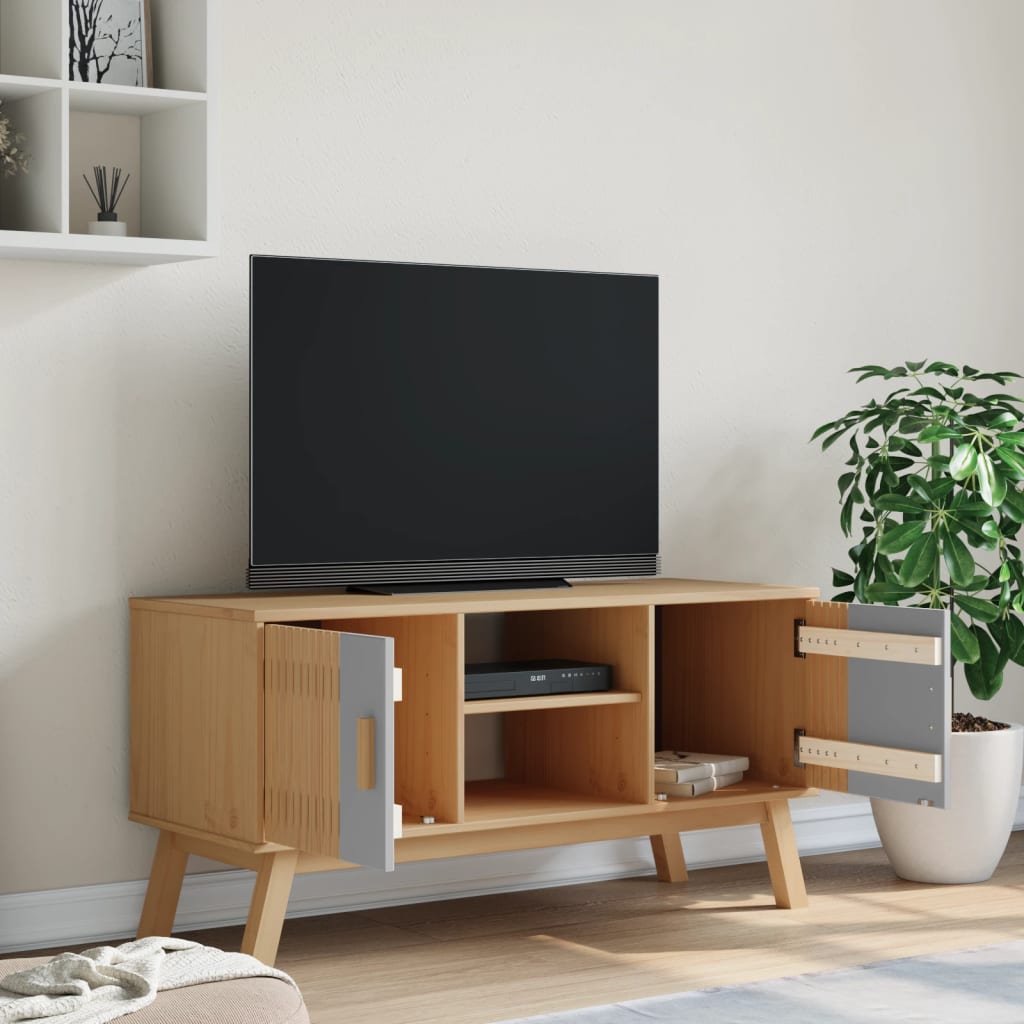 Meuble TV OLDEN gris et marron 114x43x57 cm bois de pin massif Meubles TV vidaXL   