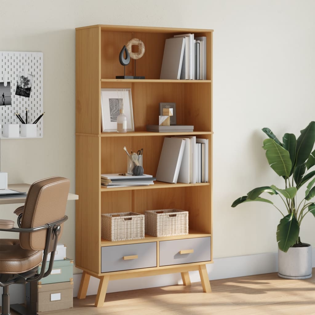 Bibliothèque à 4 niveaux OLDEN gris marron bois de pin massif - XIOS