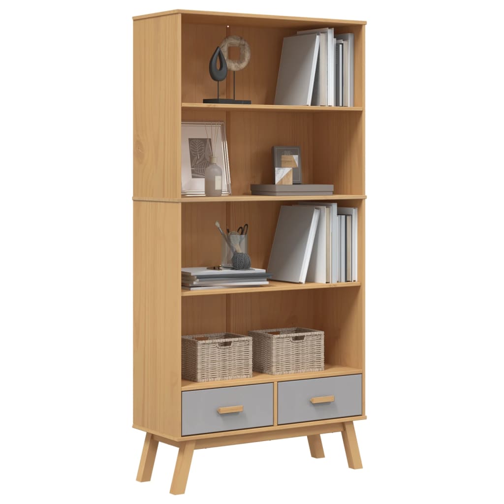 Bibliothèque à 4 niveaux OLDEN gris marron bois de pin massif - XIOS