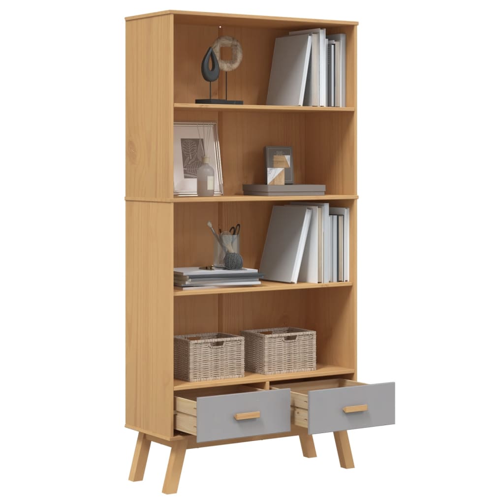 Bibliothèque à 4 niveaux OLDEN gris marron bois de pin massif - XIOS