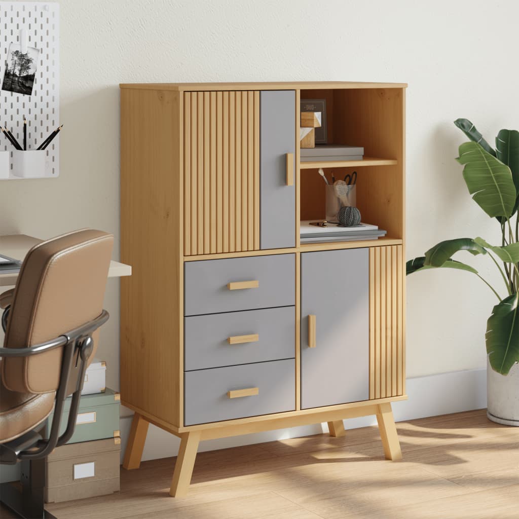 Buffet haut OLDEN gris et marron 85x43x125cm bois massif de pin - XIOS