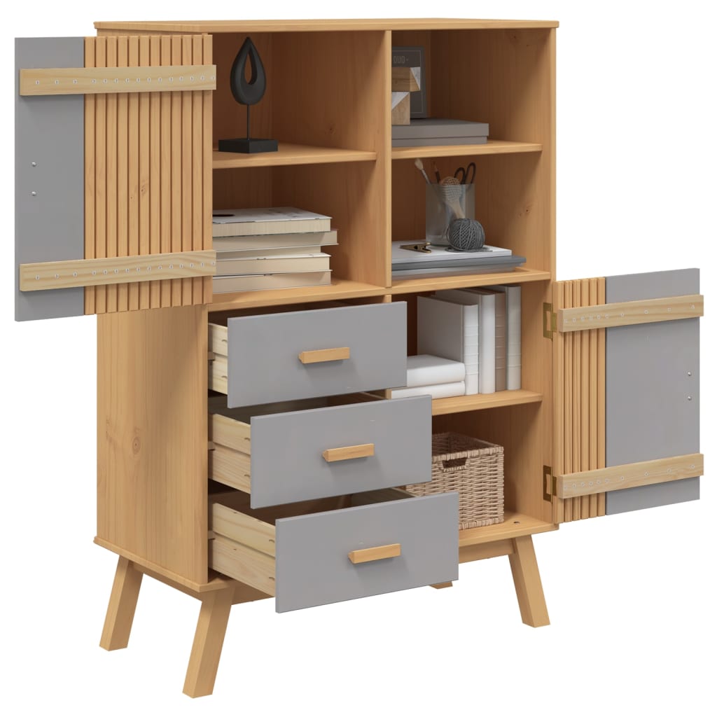 Buffet haut OLDEN gris et marron 85x43x125cm bois massif de pin - XIOS