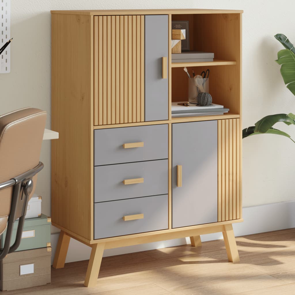 Buffet haut OLDEN gris et marron 85x43x125cm bois massif de pin - XIOS