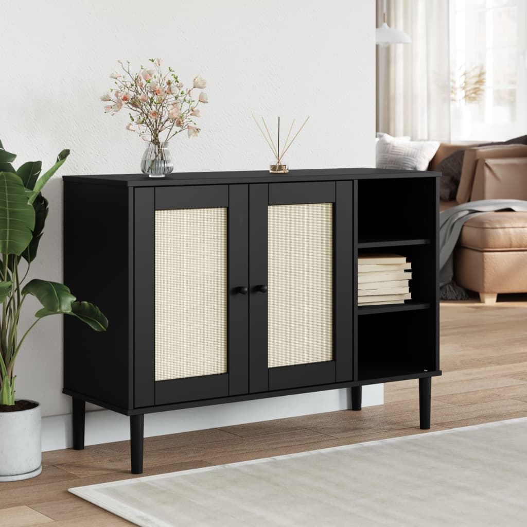 Buffet SENJA aspect rotin noir 112x40x80cm bois massif de pin - XIOS