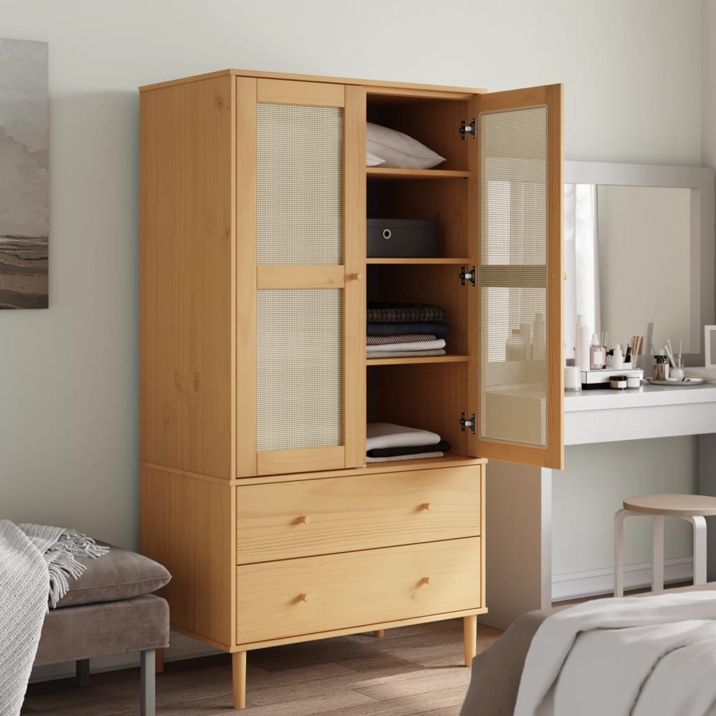 Garde-robe SENJA aspect rotin marron bois massif de pin - XIOS
