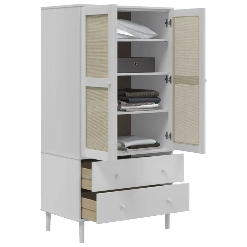 Garde-robe SENJA aspect rotin blanc 90x55x175cm bois massif pin - XIOS