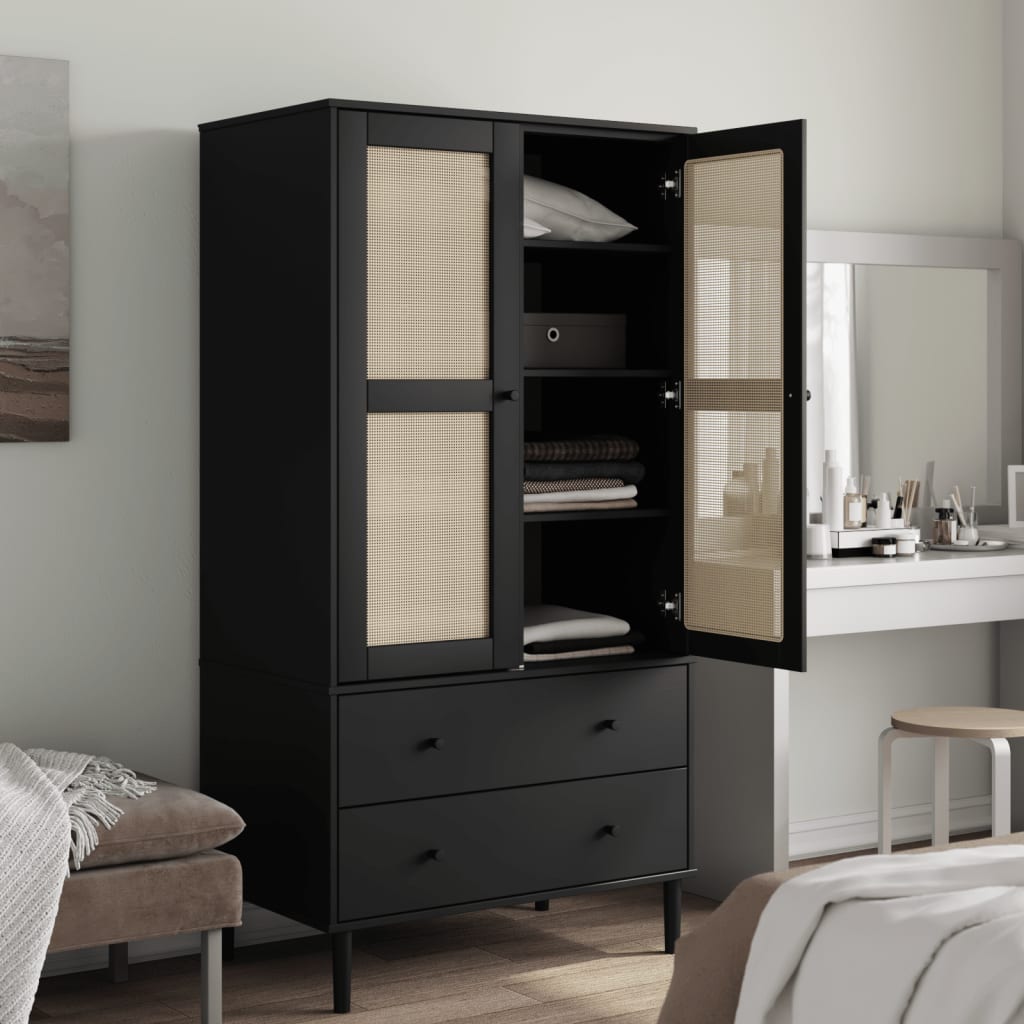 Garde-robe SENJA aspect rotin noir 90x55x175 cm bois massif pin - XIOS