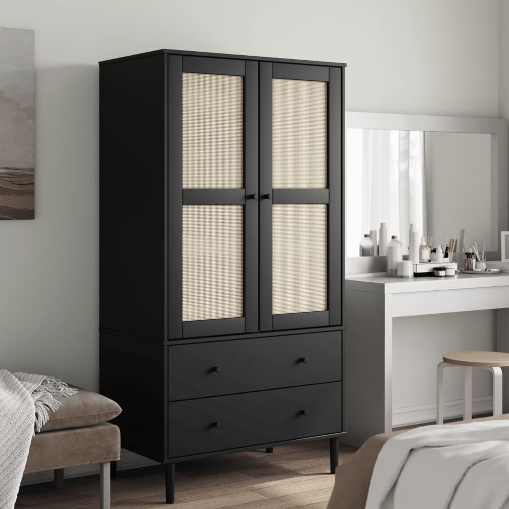 Garde-robe SENJA aspect rotin noir 90x55x175 cm bois massif pin - XIOS