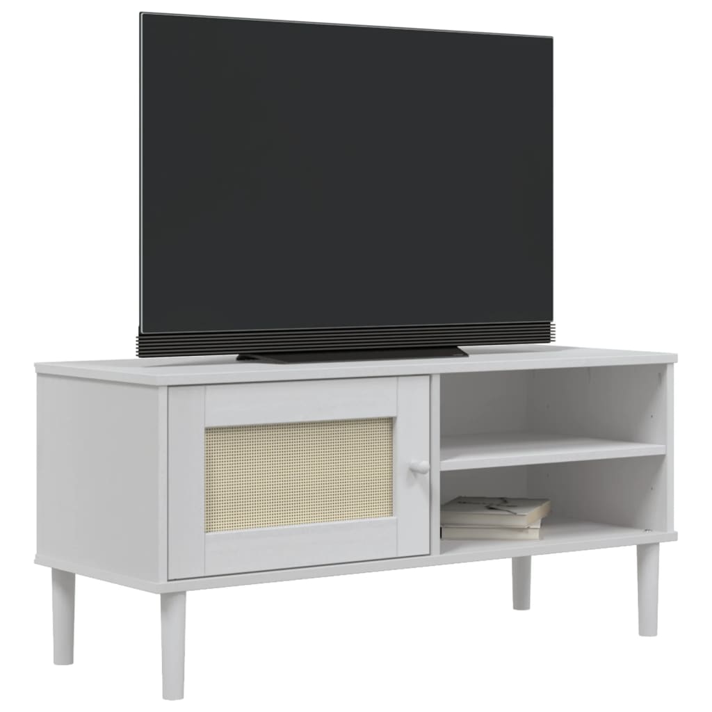 Meuble TV SENJA aspect rotin blanc 106x40x49cm bois massif pin - XIOS
