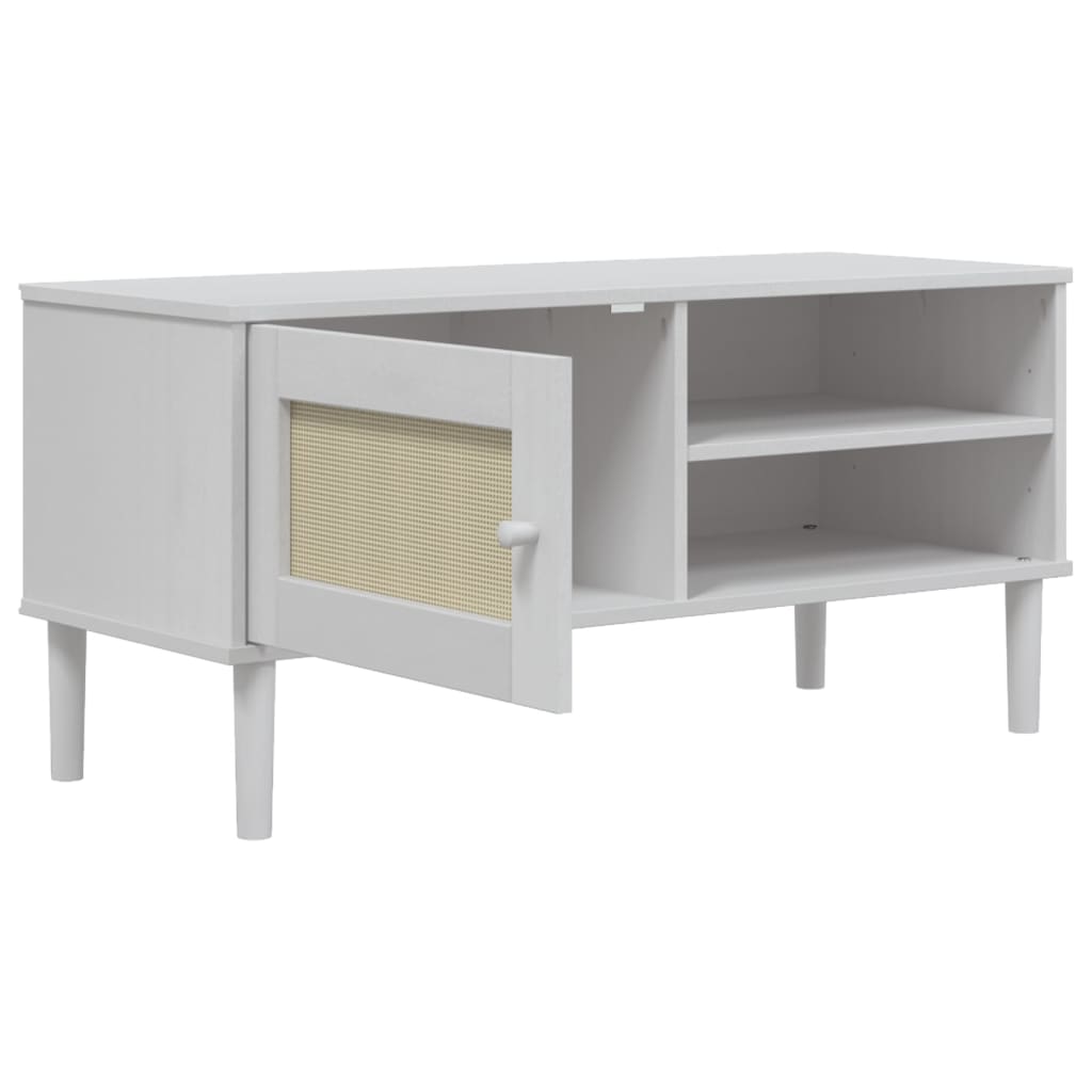 Meuble TV SENJA aspect rotin blanc 106x40x49cm bois massif pin - XIOS