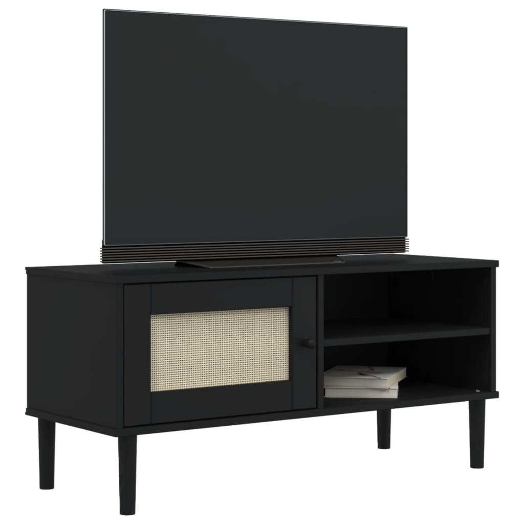 Meuble TV SENJA aspect rotin noir 106x40x49cm bois massif pin - XIOS