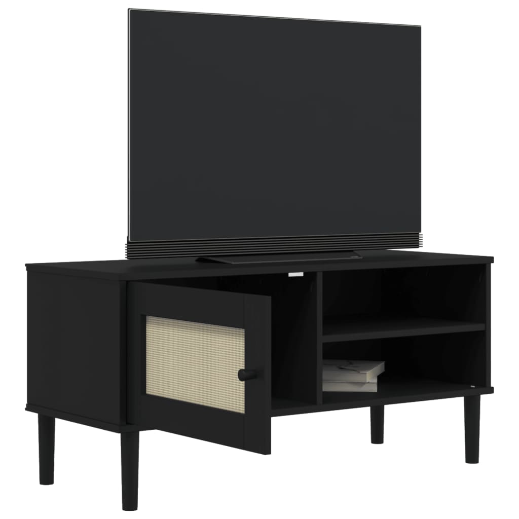 Meuble TV SENJA aspect rotin noir 106x40x49cm bois massif pin - XIOS