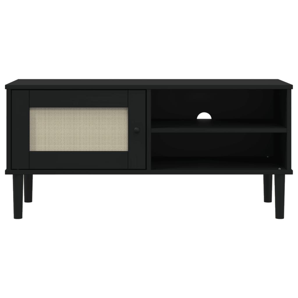 Meuble TV SENJA aspect rotin noir 106x40x49cm bois massif pin - XIOS