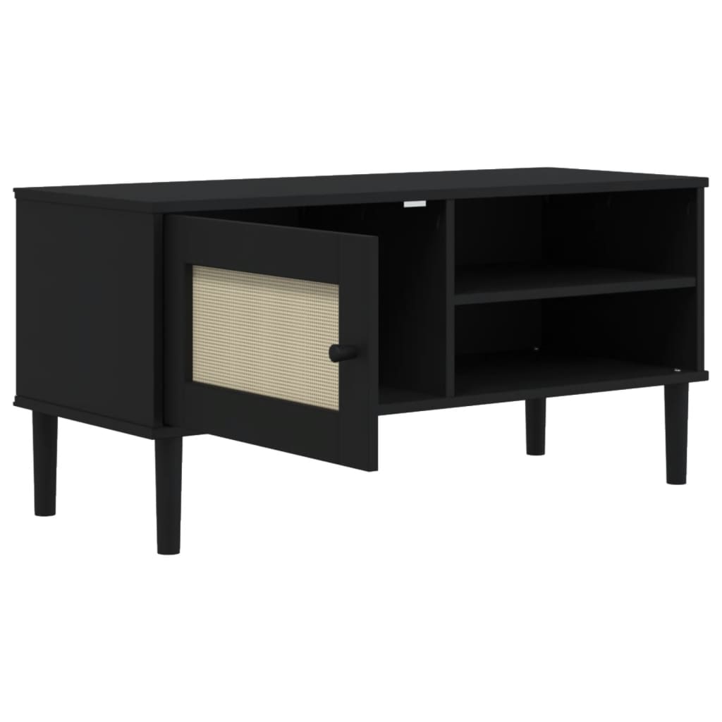 Meuble TV SENJA aspect rotin noir 106x40x49cm bois massif pin - XIOS