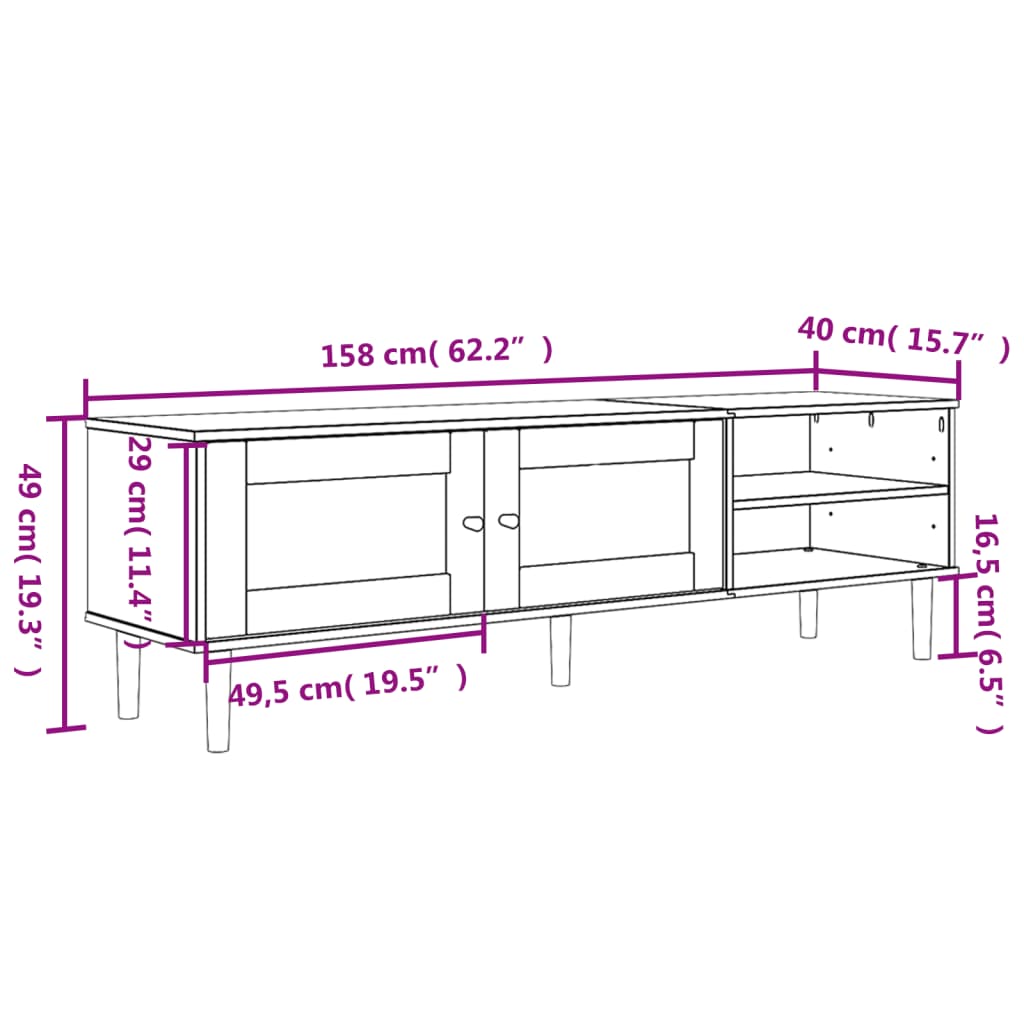 Meuble TV SENJA aspect rotin noir 158x40x49cm bois massif pin