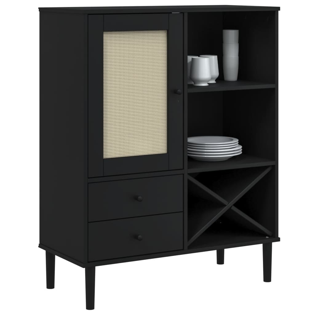 Buffet SENJA aspect rotin noir 90x40x112cm bois massif de pin - XIOS