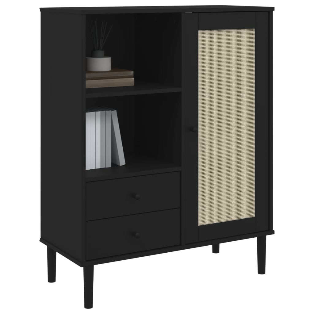 Buffet SENJA aspect rotin noir 90x40x112cm bois massif de pin - XIOS
