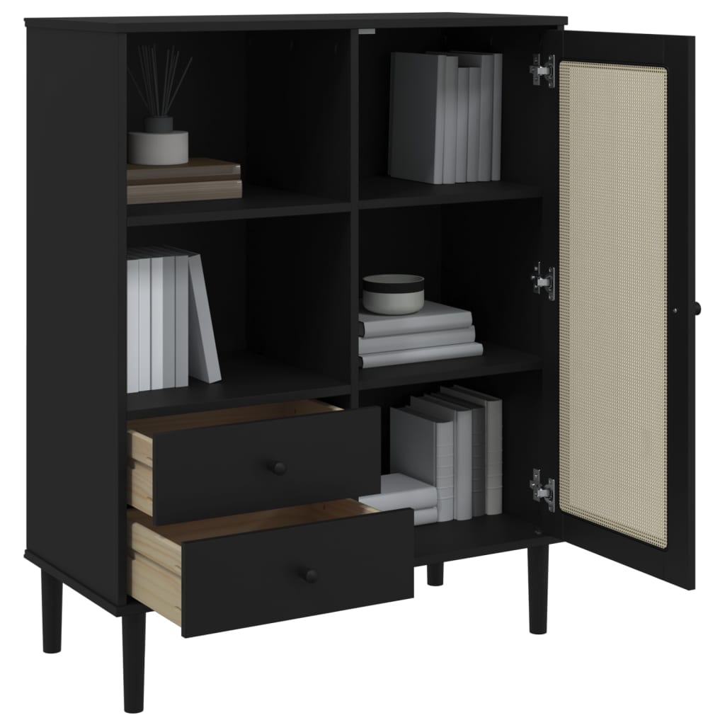 Buffet SENJA aspect rotin noir 90x40x112cm bois massif de pin - XIOS