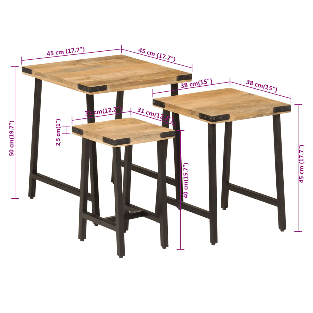 Tables basses gigognes 3 pcs bois massif de manguier et fer - XIOS