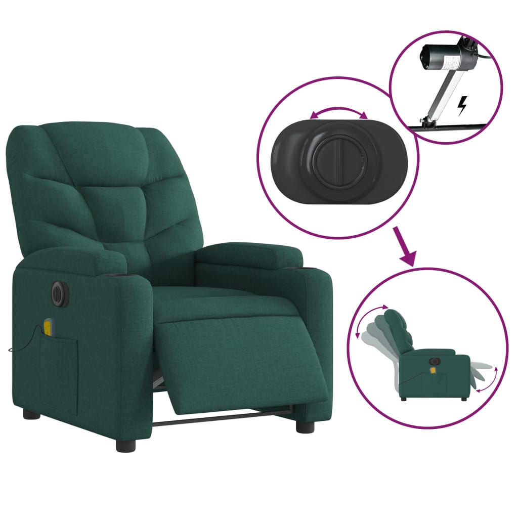 Fauteuil de massage inclinable électrique Vert foncé Tissu Fauteuils vidaXL