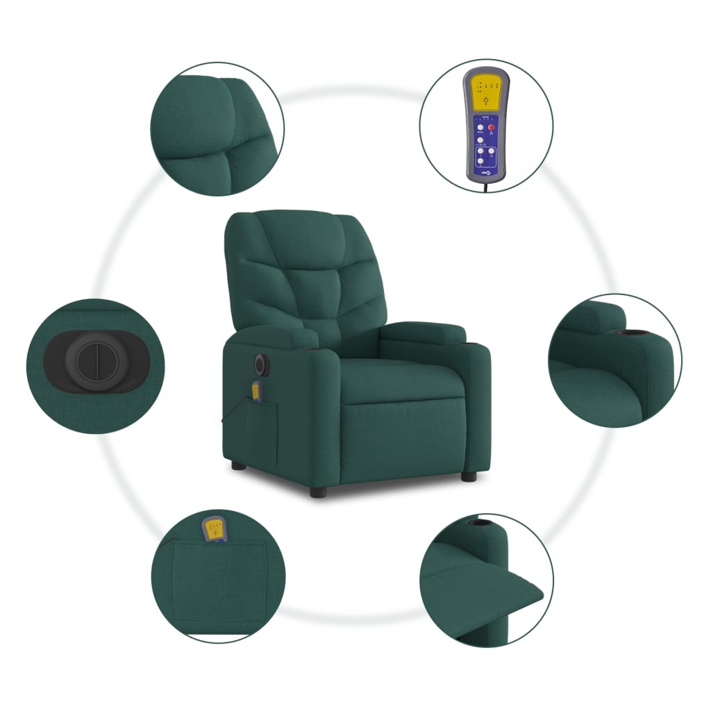 Fauteuil de massage inclinable électrique Vert foncé Tissu Fauteuils vidaXL