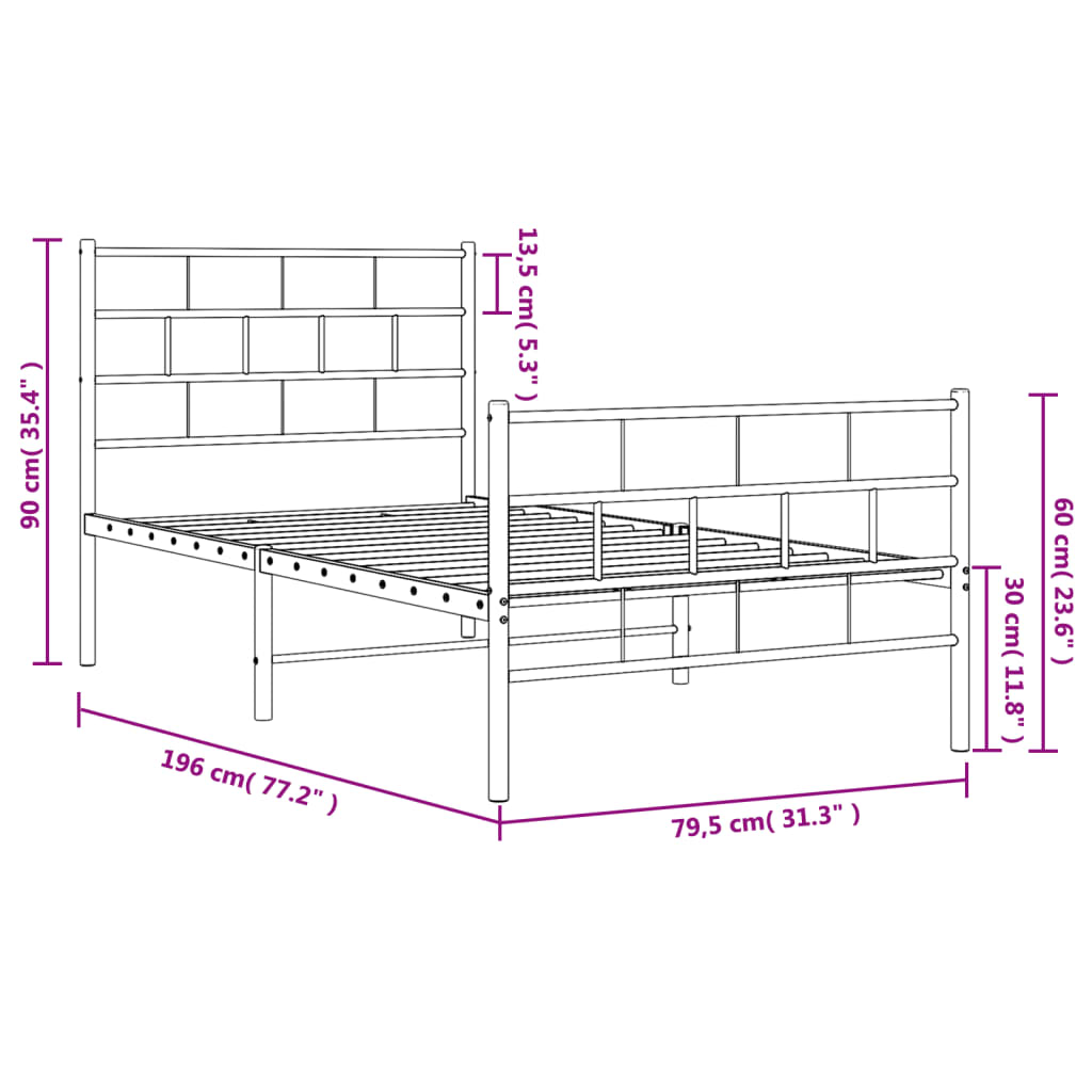 Cadre de lit métal sans matelas avec pied de lit noir 75x190 cm - XIOS