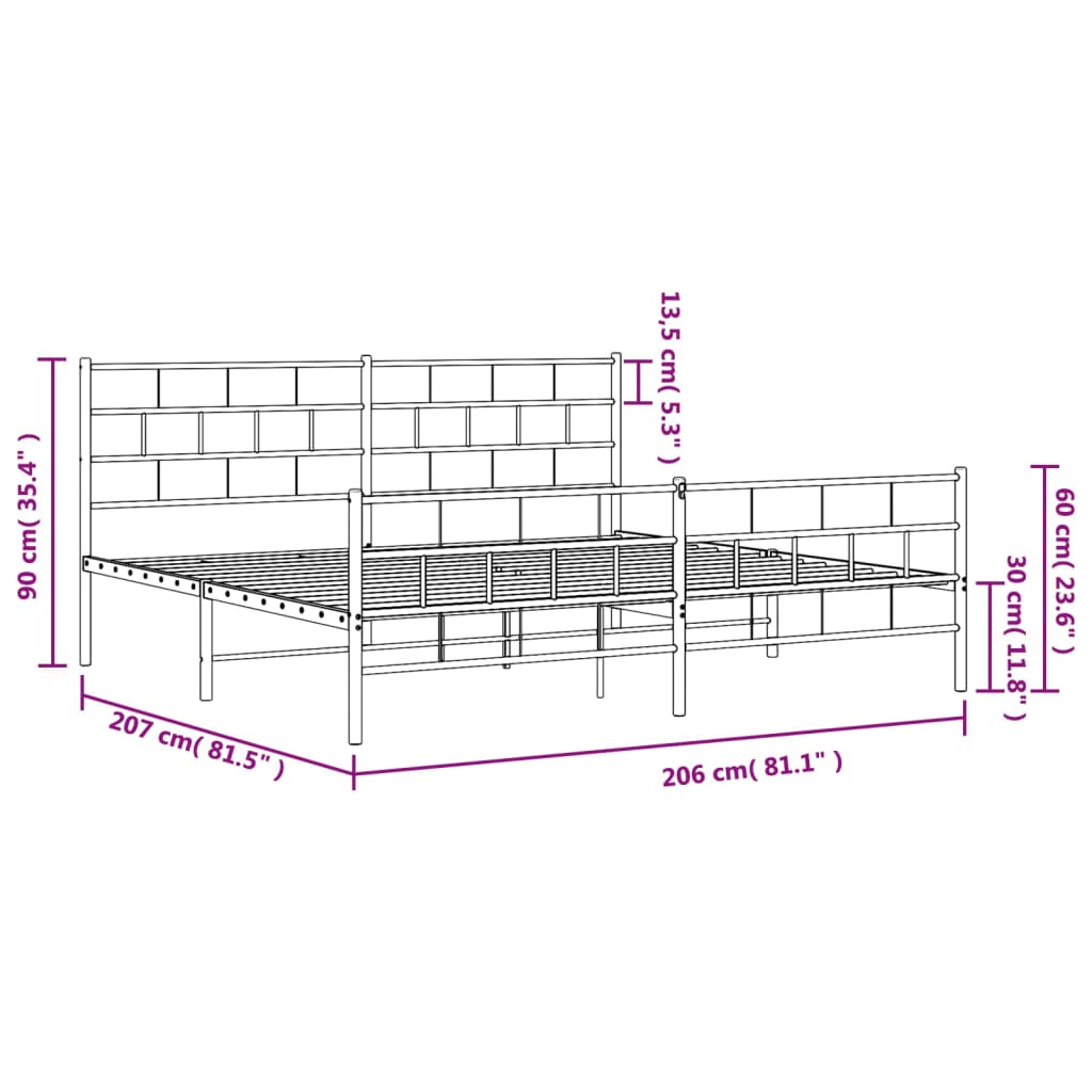 Cadre de lit métal sans matelas avec pied de lit noir 200x200cm - XIOS