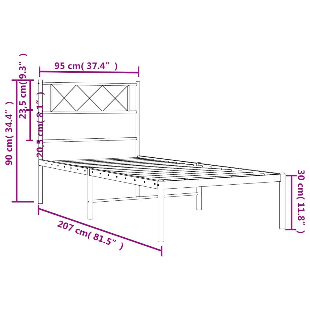 Cadre de lit métal sans matelas avec tête de lit noir 90x200 cm
