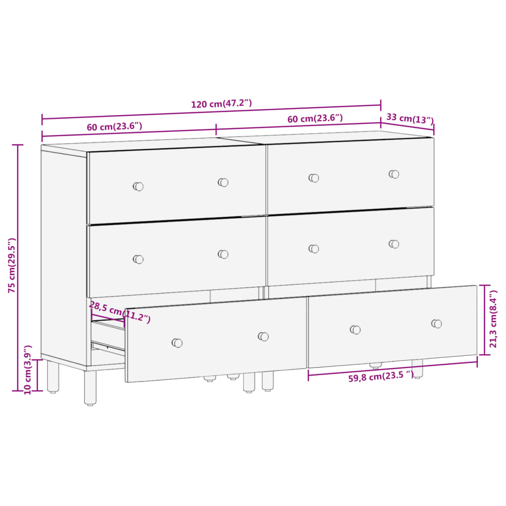Armoires latérales 2pcs noir 60x33x75cm bois massif de manguier - XIOS